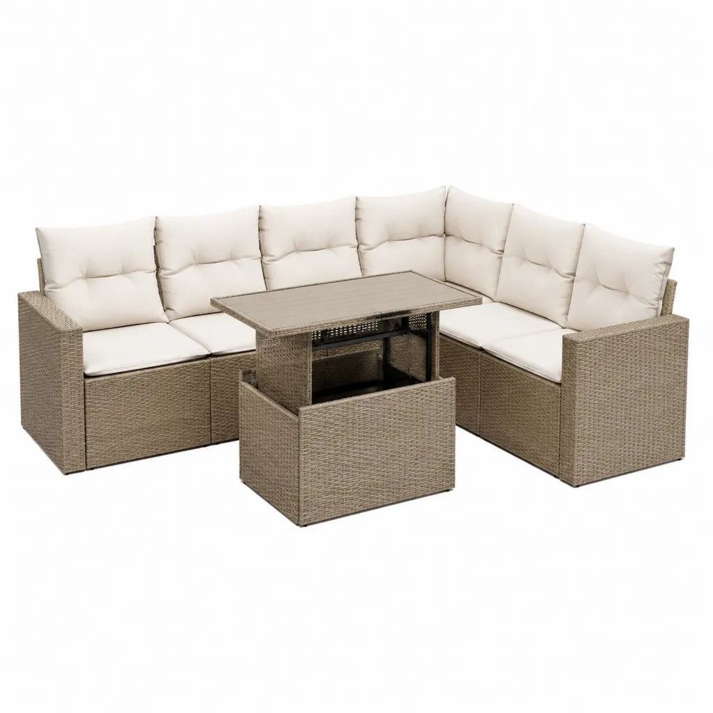 7-teiliges Gartenlounge Set Polyrattan Ecksofa mit Tisch und Hocker L-Form Beige Creme 250 x 190 x 75 cm