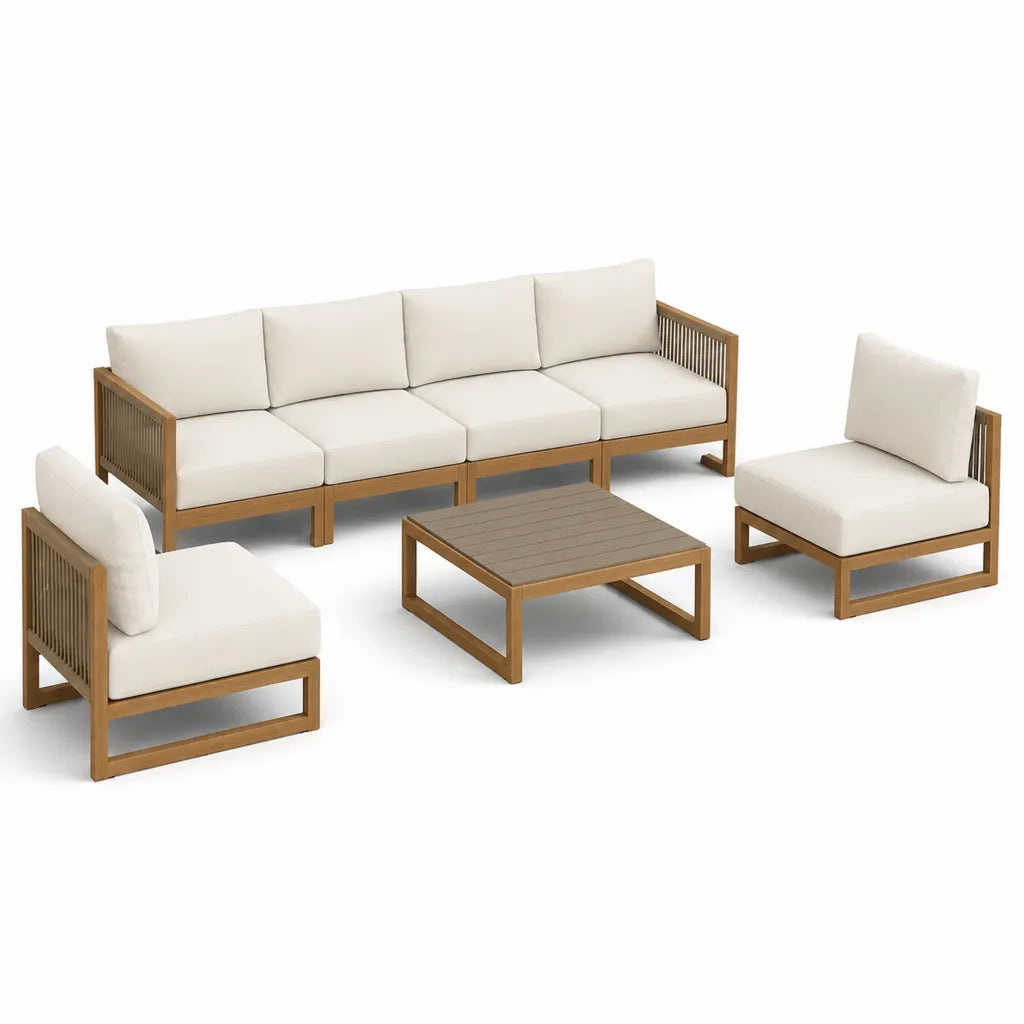 5-teiliges Gartenlounge-Set aus Akazien-Massivholz rechteckig naturweiß mit 4-Sitzer Sofa 248 x 80 x 76 cm 2 Sesseln 75 x 80 x 76 cm und Couchtisch 120 x 70 x 40 cm