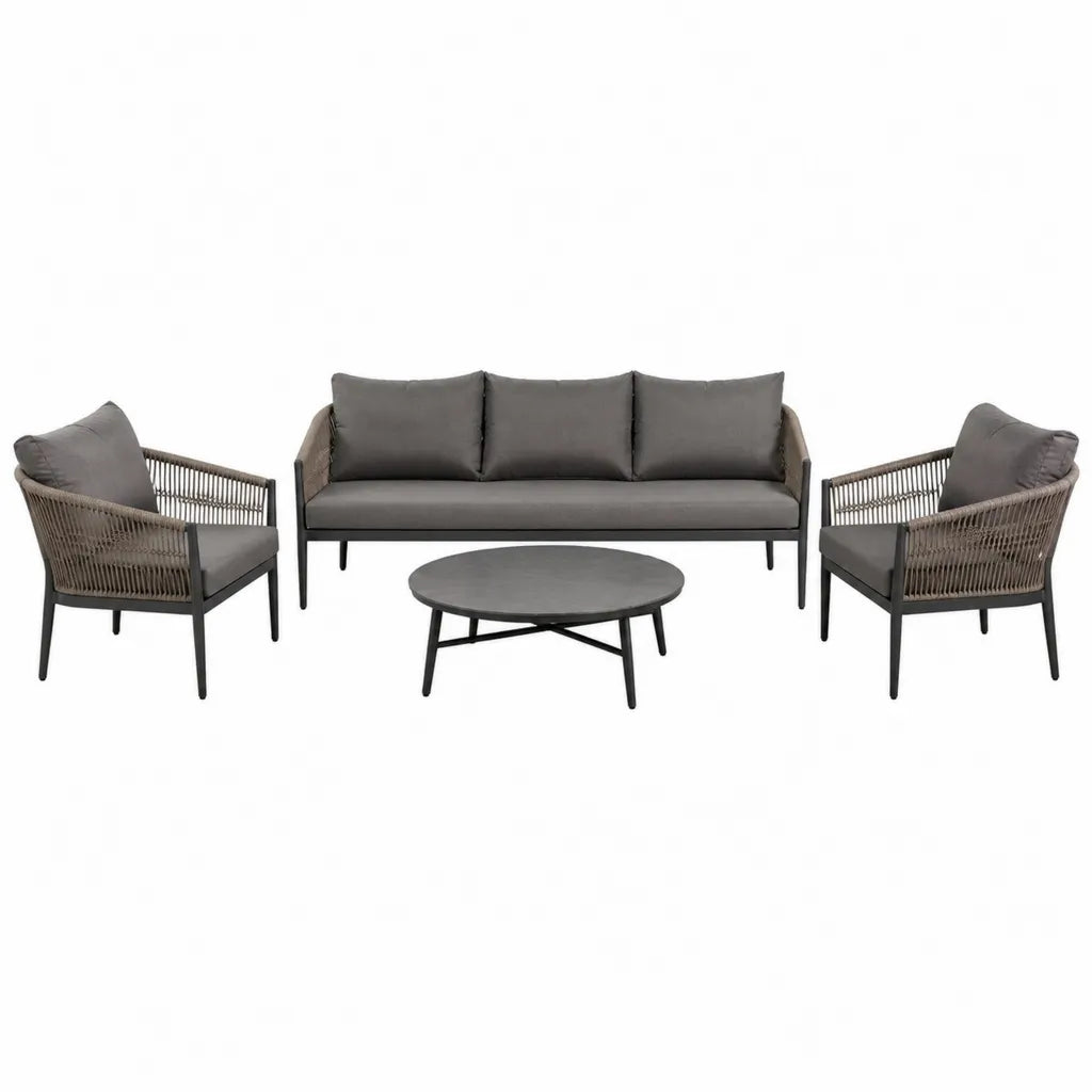 4-teiliges Gartenlounge Set mit 3-Sitzer Sofa 2 Sesseln und rundem Couchtisch Aluminium Polyester Grau Taupe Sofa 180 x 75 x 75 cm Sessel 75 x 75 x 75 cm Tisch Ø 90 x 45 cm