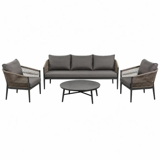 4-teiliges Gartenlounge Set mit 3-Sitzer Sofa 2 Sesseln und rundem Couchtisch Aluminium Polyester Grau Taupe Sofa 180 x 75 x 75 cm Sessel 75 x 75 x 75 cm Tisch Ø 90 x 45 cm