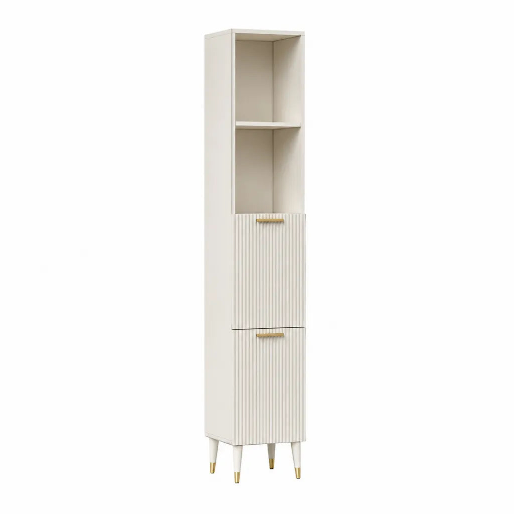 Badezimmer Hochschrank mit offenen Fächern und 2 Türen aus MDF rechteckig cremeweiß 40 x 30 x 180 cm