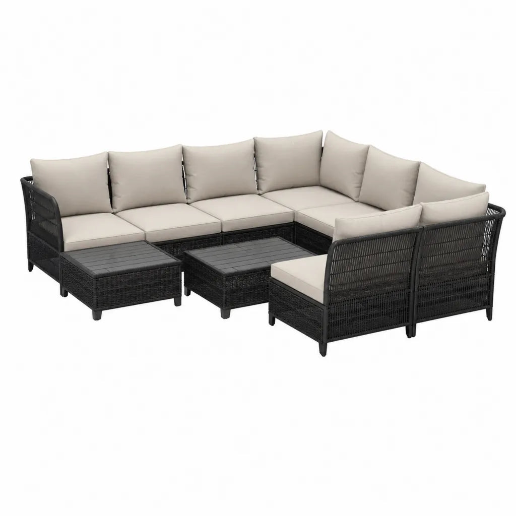 7-teiliges Gartenlounge Set Polyrattan Schwarz Creme mit Ecksofa Sessel und 2 Hockern 280 x 210 x 60 cm