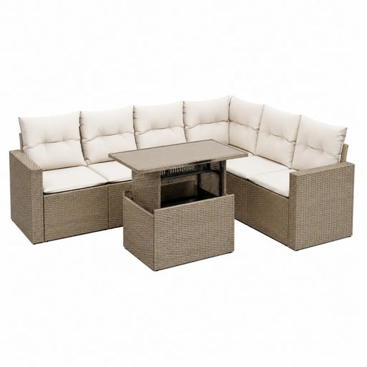 7-teiliges Gartenlounge Set Polyrattan Ecksofa mit Tisch und Hocker L-Form Beige Creme 250 x 190 x 75 cm