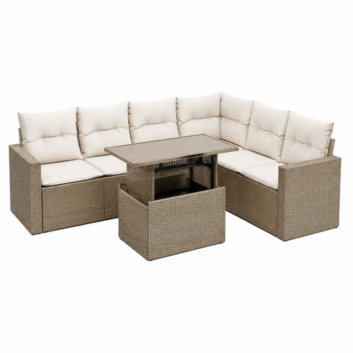 7-teiliges Gartenlounge Set Polyrattan Ecksofa mit Tisch und Hocker L-Form Beige Creme 250 x 190 x 75 cm