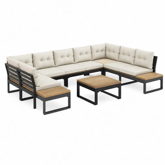 Gartenlounge Set 7-teilig U-Form mit Akazienholz Tischen Stahlgestell Beige Schwarz 300 x 220 cm