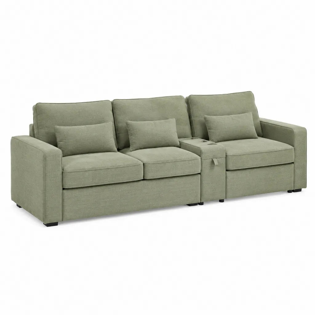 3-Sitzer Sofa mit Mittelkonsole Polyesterbezug Rechteckig Salbeigrün 270 x 95 x 88 cm