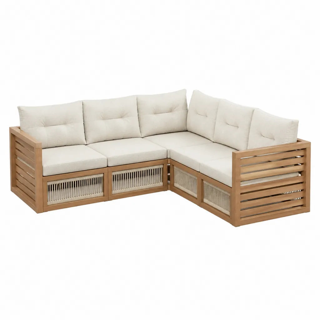 Garten Ecksofa 4-Sitzer Set aus massivem Akazienholz L-Form Natur Creme 240 x 240 x 75 cm