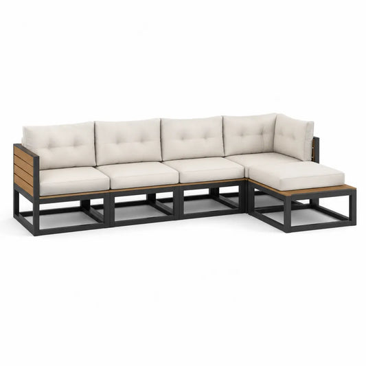 Gartensofa Ecksofa 4-teilig mit Akazienholz und Stahlgestell Beige Schwarz 280 x 210 x 65 cm