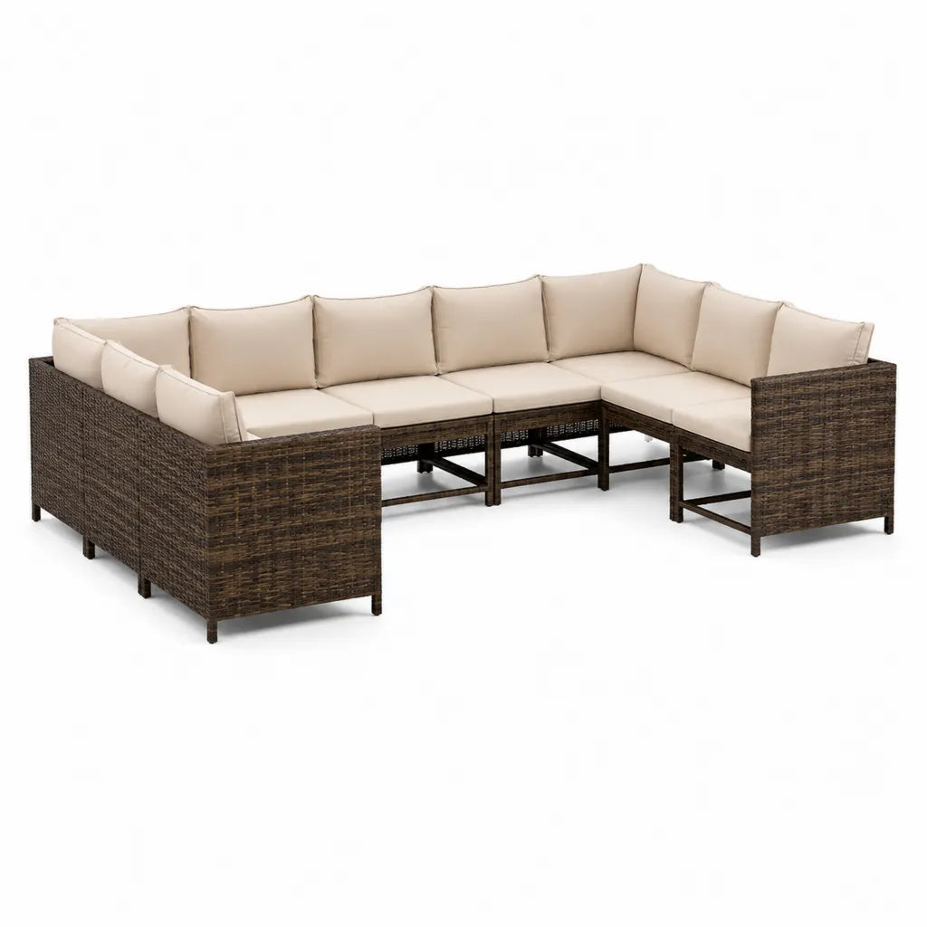 5-Sitzer Garten-Ecksofa Set aus PE-Rattan mit Polyesterkissen in L-Form Braun Beige 280 x 220 x 80 cm