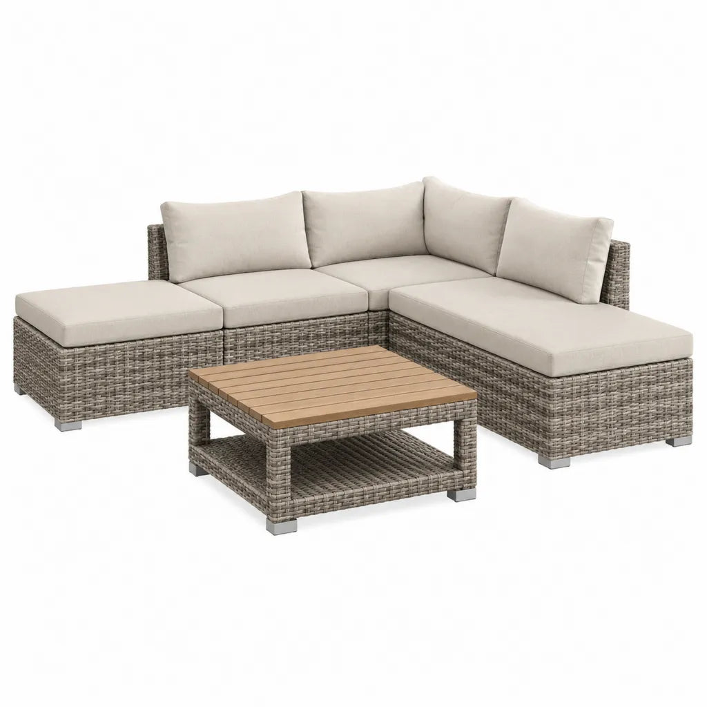 4-teiliges Gartenlounge Set Polyrattan Ecksofa mit Couchtisch Akazienholz Beige Grau 238 x 180 x 85 cm