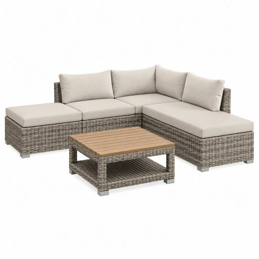 4-teiliges Gartenlounge Set Polyrattan Ecksofa mit Couchtisch Akazienholz Beige Grau 238 x 180 x 85 cm