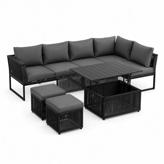 7-teiliges Gartenlounge Set Ecksofa mit höhenverstellbarem Tisch Stahl Polypropylen Schwarz Anthrazit 220 x 220 cm