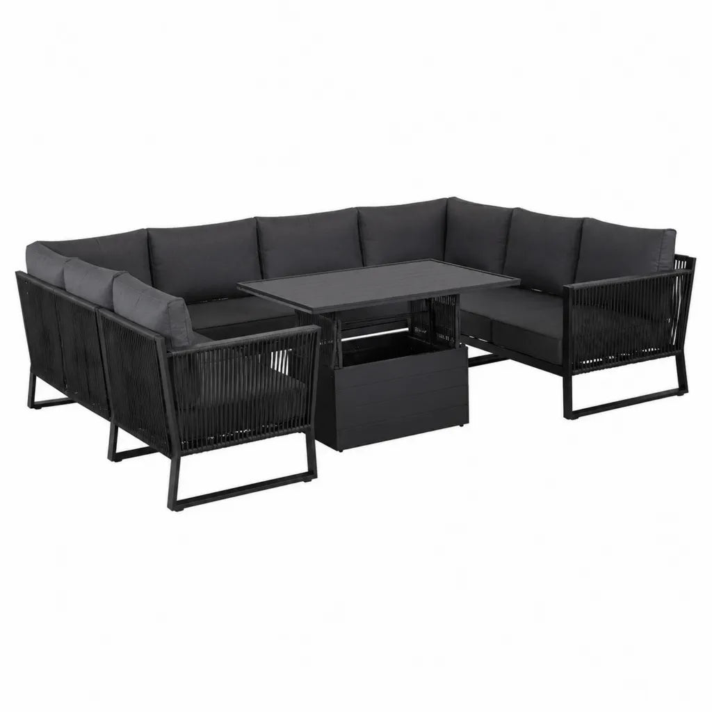 5-teiliges Gartensofa Set mit Ecksofa Sessel und Hubtisch Stahl PE-Rattan Schwarz 260 x 260 cm