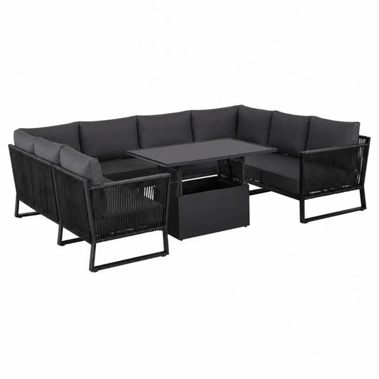 5-teiliges Gartensofa Set mit Ecksofa Sessel und Hubtisch Stahl PE-Rattan Schwarz 260 x 260 cm