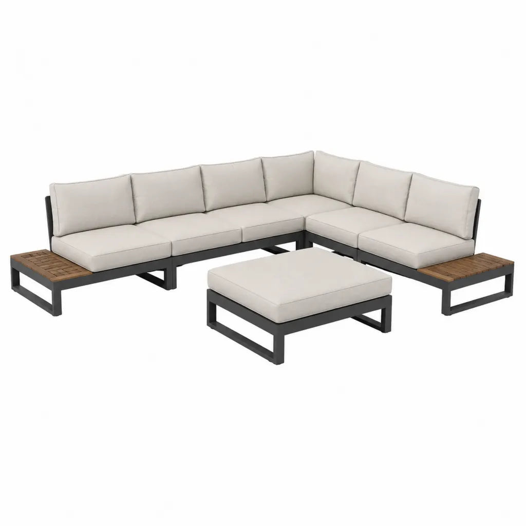 Gartenlounge Ecksofa Set 3-teilig Aluminium Akazienholz L-Form Schwarz Beige 260 x 260 cm