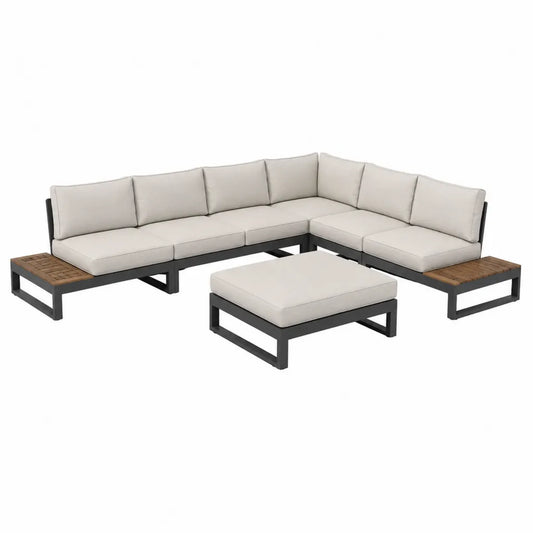 Gartenlounge Ecksofa Set 3-teilig Aluminium Akazienholz L-Form Schwarz Beige 260 x 260 cm