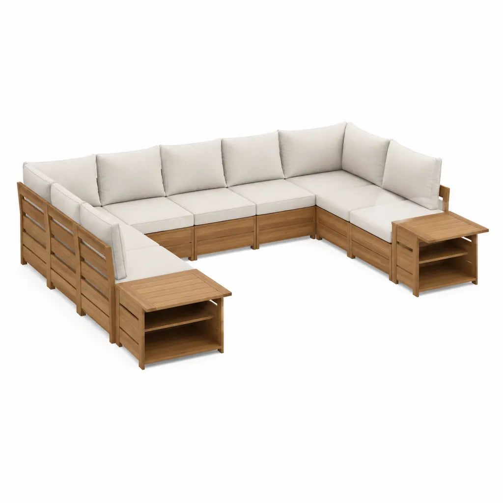 Gartenlounge Sitzgruppe U-Form 300 x 230 x 70 cm Akazienholz Polyester Cremebraun