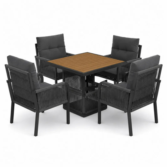 5-teiliges Garten-Essgruppen-Set mit 4 Sesseln quadratischem Tisch 90 x 90 x 75 cm Stahl PE-Seil WPC Schwarz Braun