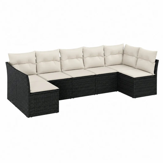 5-teiliges Garten-Loungesofa Ecksofa aus PE-Rattan mit Polyesterkissen Schwarz Cremeweiß 280 x 210 x 60 cm