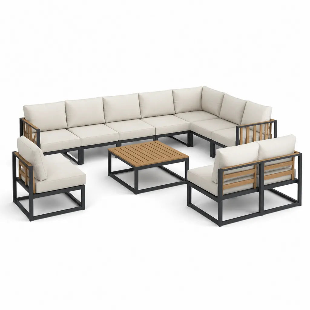 8-teiliges Gartenlounge Set Ecksofa mit 2 Sesseln und Couchtisch aus Stahl und Akazienholz Creme Schwarz 250 x 250 cm