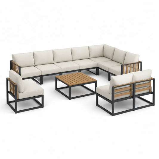 8-teiliges Gartenlounge Set Ecksofa mit 2 Sesseln und Couchtisch aus Stahl und Akazienholz Creme Schwarz 250 x 250 cm