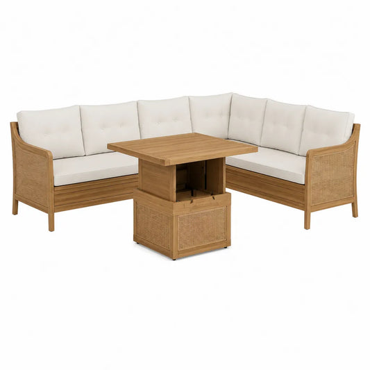 Garten-Loungeset Ecksofa mit Tisch 220 x 220 cm aus massivem Akazienholz Rattan Beige Natur